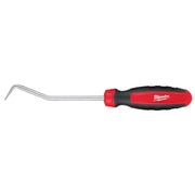 Red and black Milwaukee hose pick with curved metal pick end and comfort grip handle.
