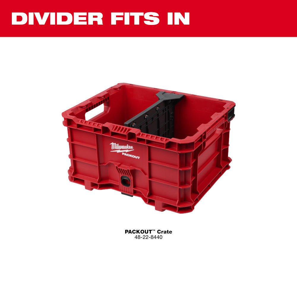 Black divider insert installed in red Milwaukee PACKOUT crate, dividing interior space into two sections.