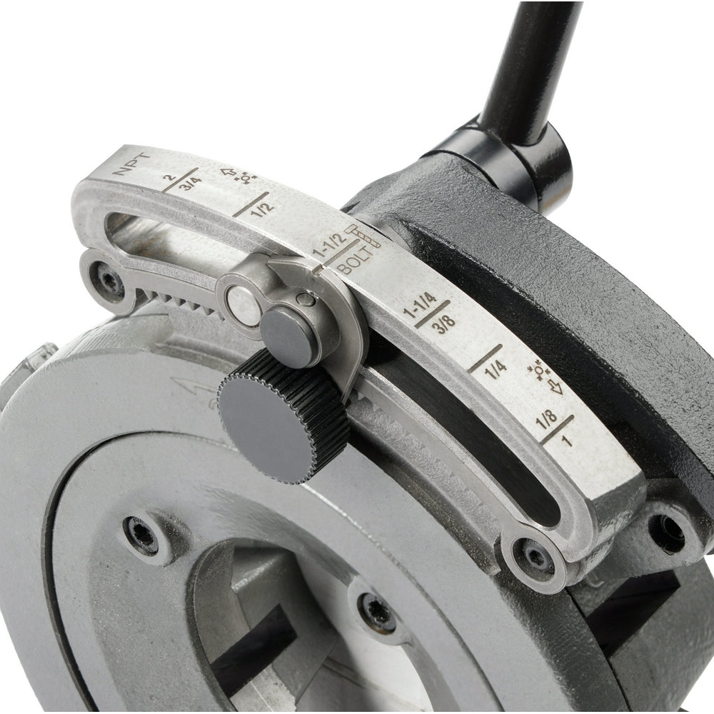 Metal pipe threading die head with labeled sizing scale, adjustment knob, and square drive opening for NPT threads.