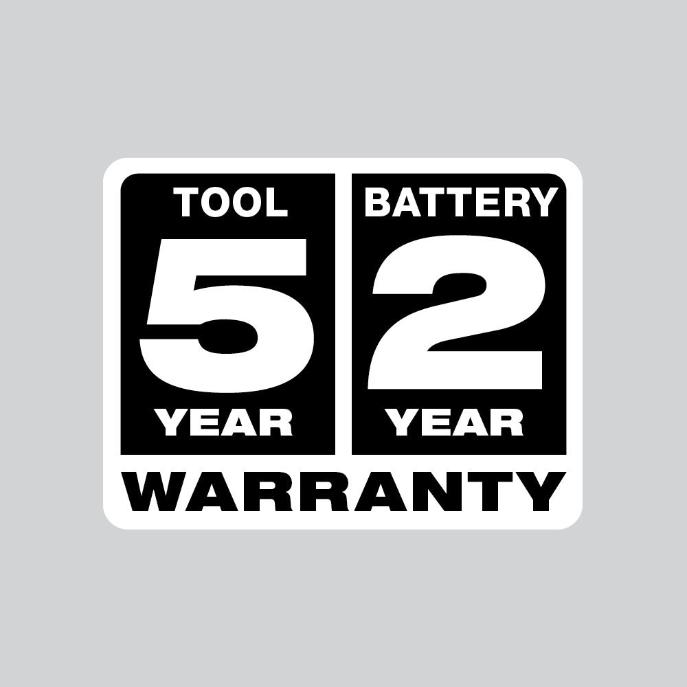 Milwaukee warranty label showing 5 year tool warranty and 2 year battery warranty on black and white background.
