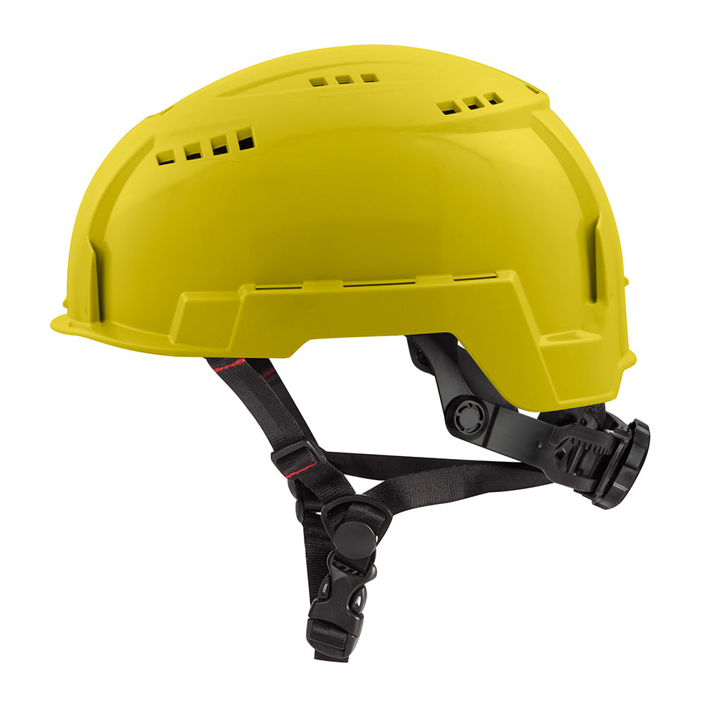 Yellow vented safety helmet with black chin straps and adjustment buckles.