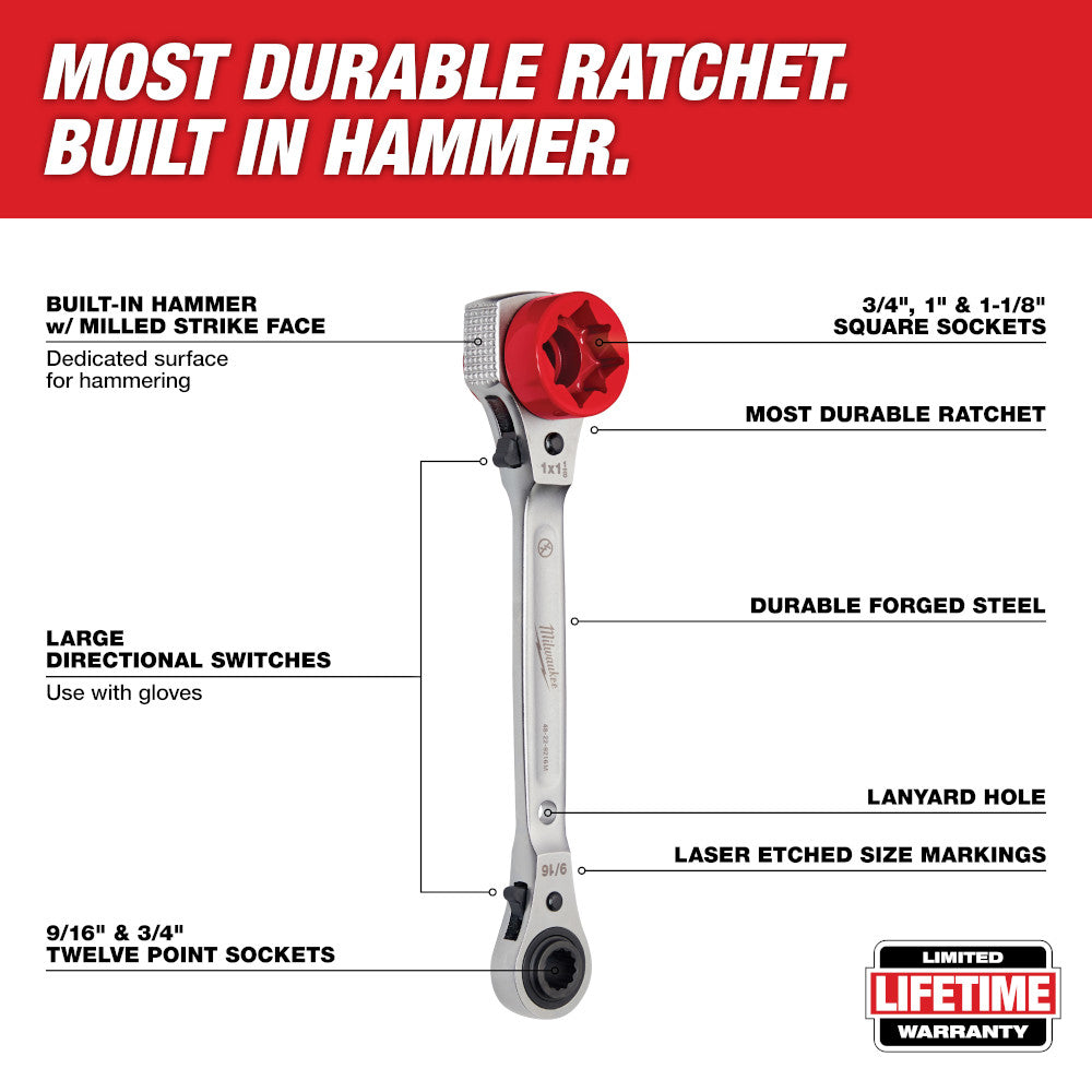 Milwaukee lineman's 5-in-1 ratcheting wrench with red hammer head and silver metal shaft, showing multiple socket sizes and d