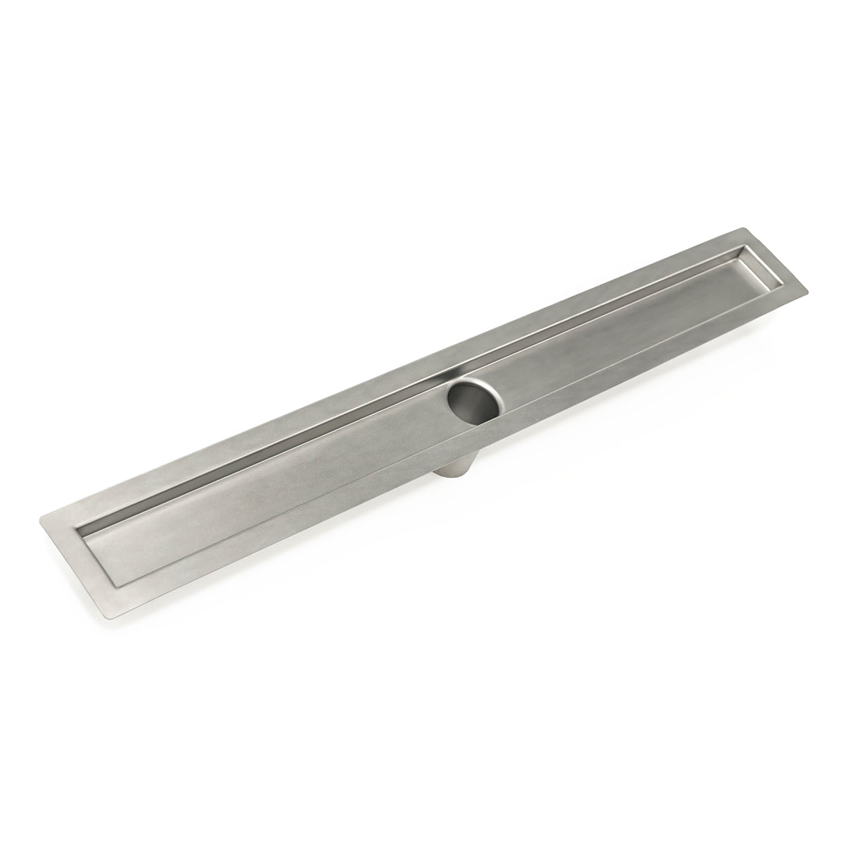 Stainless steel linear drain channel with rectangular tray and single drainage outlet.