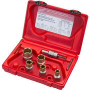 Seven carbide-tipped hole cutters of varying sizes with arbor and accessories in red Milwaukee carrying case.