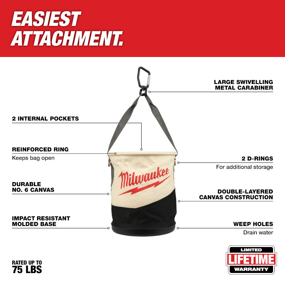 Milwaukee canvas utility bucket with metal carabiner, dual handles, internal pockets, and reinforced ring for organization.