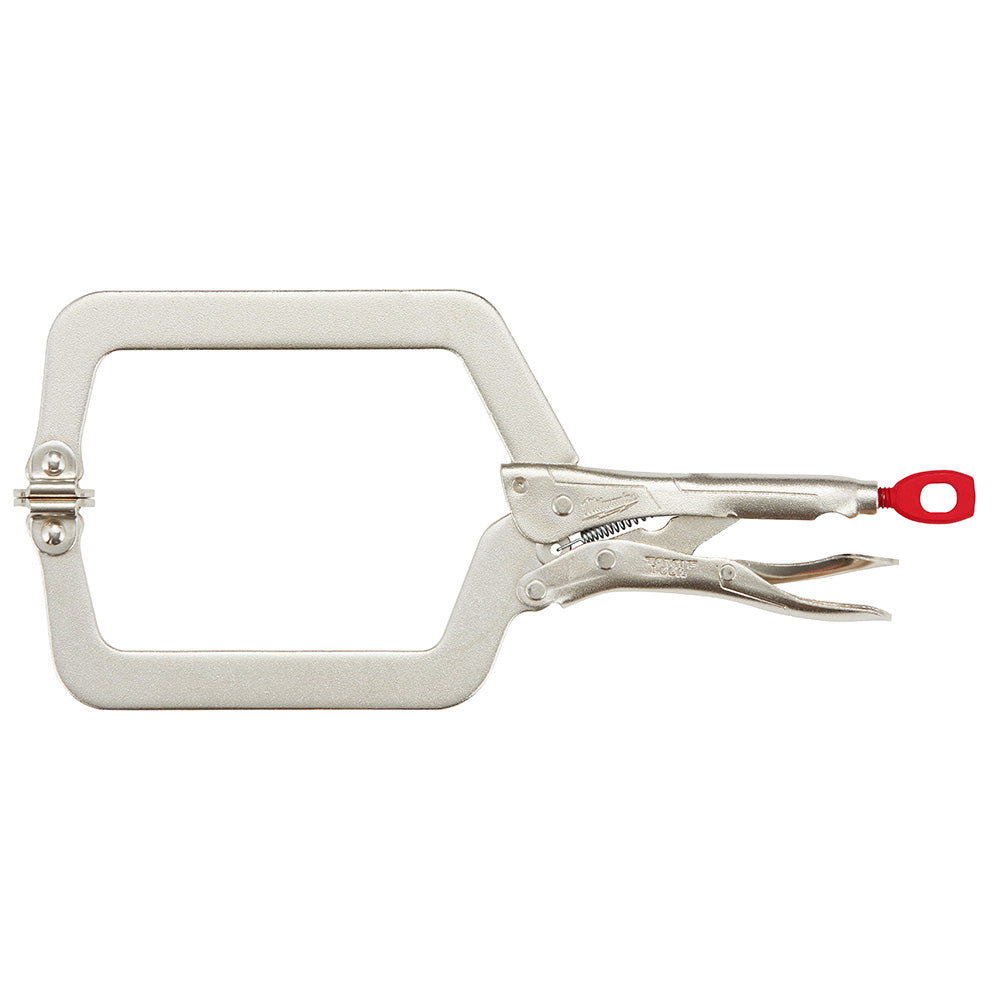 Metal locking clamp with swivel jaws, red handle, and adjustable C-frame for holding objects.