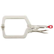 Metal locking clamp with swivel jaws, red handle, and adjustable C-frame for holding objects.
