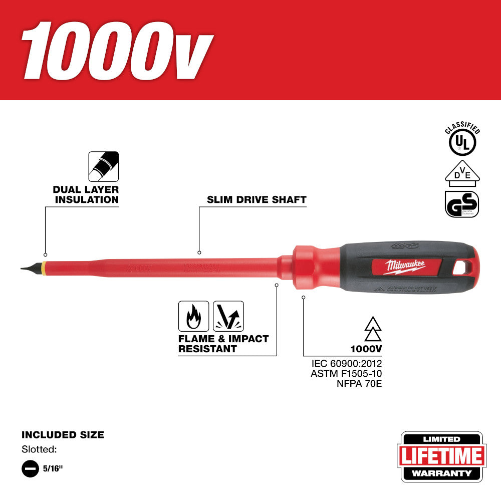 Milwaukee 1000V insulated screwdriver with red shaft, black handle, and 5/16 in. slotted tip for electrical work.