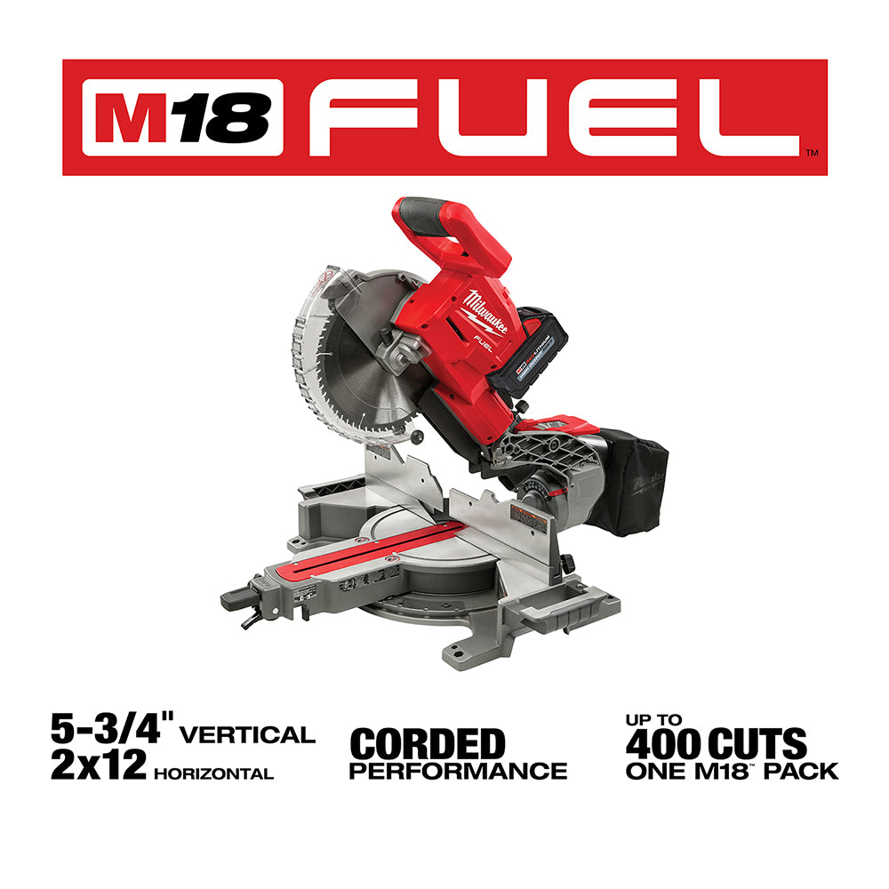 Red and black Milwaukee M18 FUEL dual bevel sliding compound miter saw with 10" blade mounted on white base.