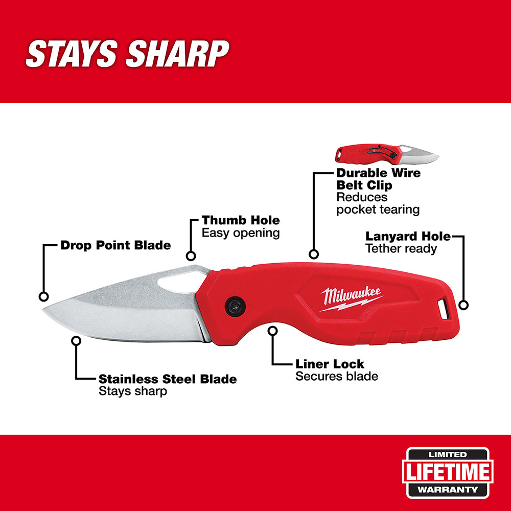 Red folding knife with drop point stainless steel blade, thumb hole, wire belt clip, and lanyard hole.