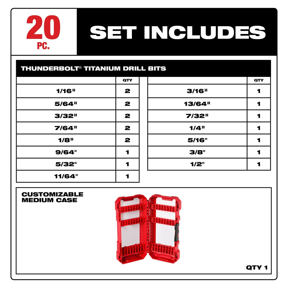 Milwaukee THUNDERBOLT Titanium drill bit set with 20 pieces in various sizes and red customizable carrying case.