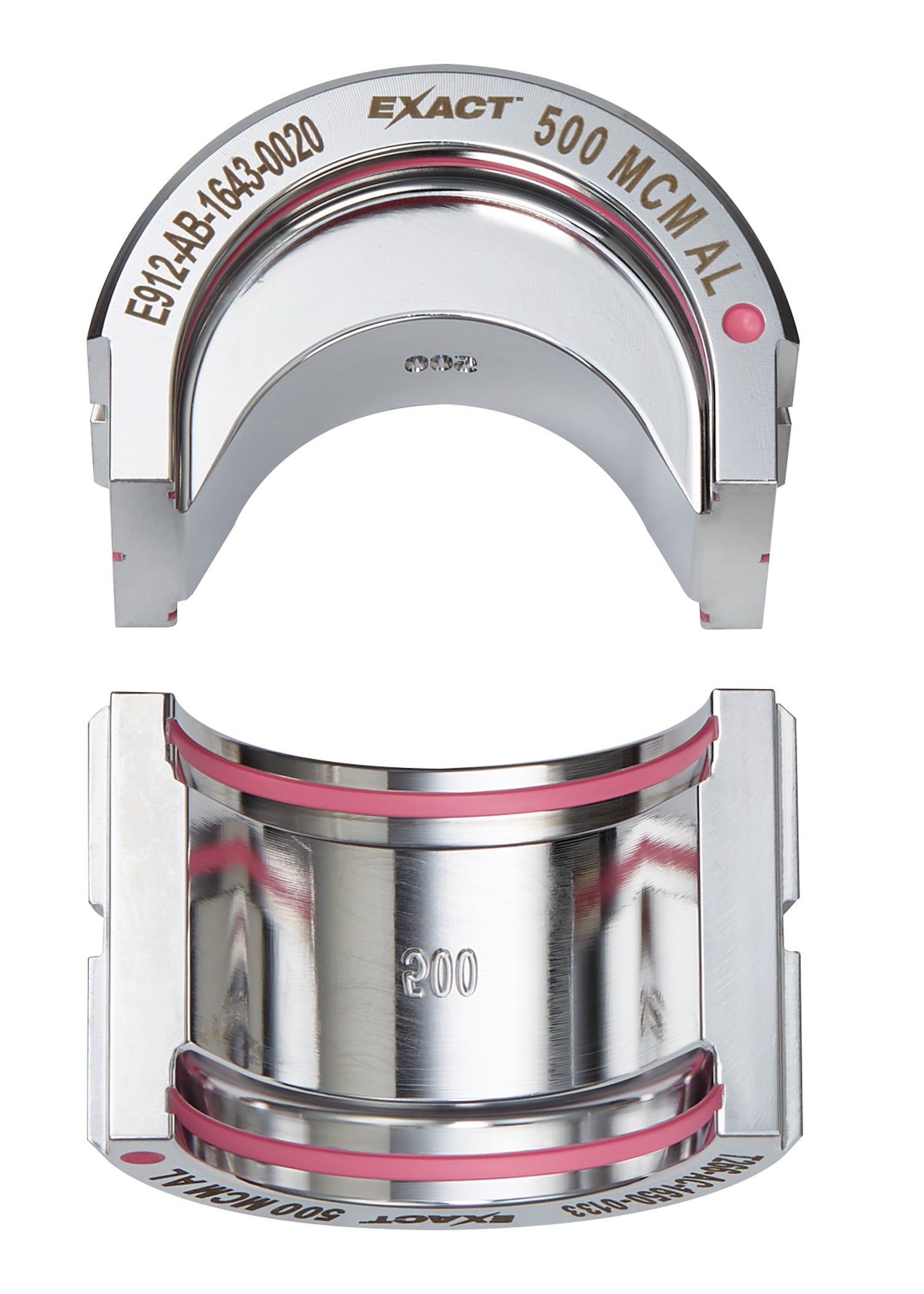 U-shaped aluminum die for crimping 500 MCM cable with gray housing and pink accents, shown from two angles.