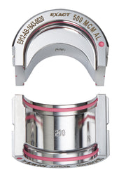 U-shaped aluminum die for crimping 500 MCM cable with gray housing and pink accents, shown from two angles.