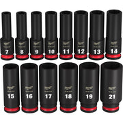Fourteen black metric deep sockets numbered 7-21 with red bases and Milwaukee branding arranged in two rows.