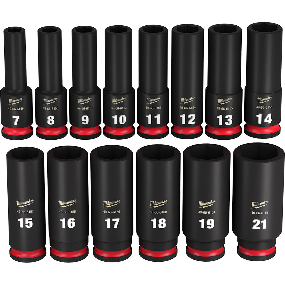 Fourteen black metric deep sockets numbered 7-21 with red bases and Milwaukee branding arranged in two rows.