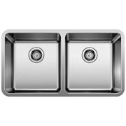 Stainless steel double bowl undermount sink with two equal rectangular basins and centered drain strainers.