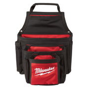 Black and red multi-pocket tool pouch with handle and three tiered compartments separated by red fabric dividers.