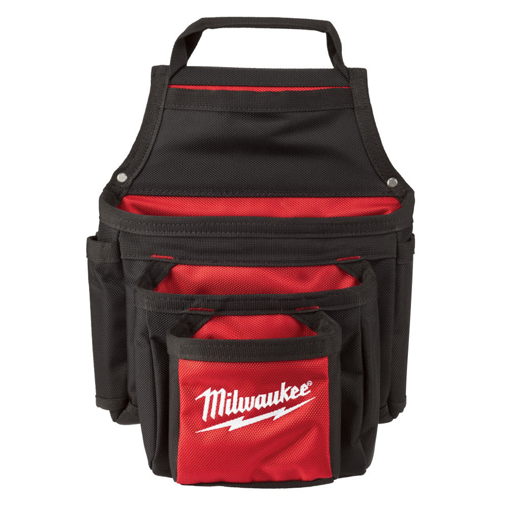 Black and red multi-pocket tool pouch with handle and three tiered compartments separated by red fabric dividers.