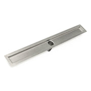 Stainless steel linear drain channel with rectangular trough and circular outlet port on side.