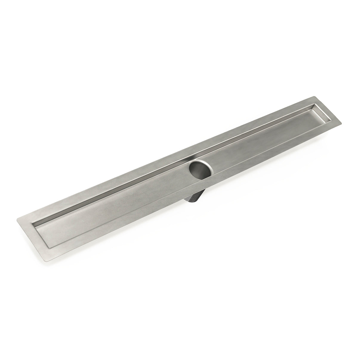 Stainless steel linear drain channel with rectangular basin and circular outlet connection on underside.