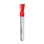 Freud dovetail router bit with red plastic coating, silver metal shaft, and angled cutting head.