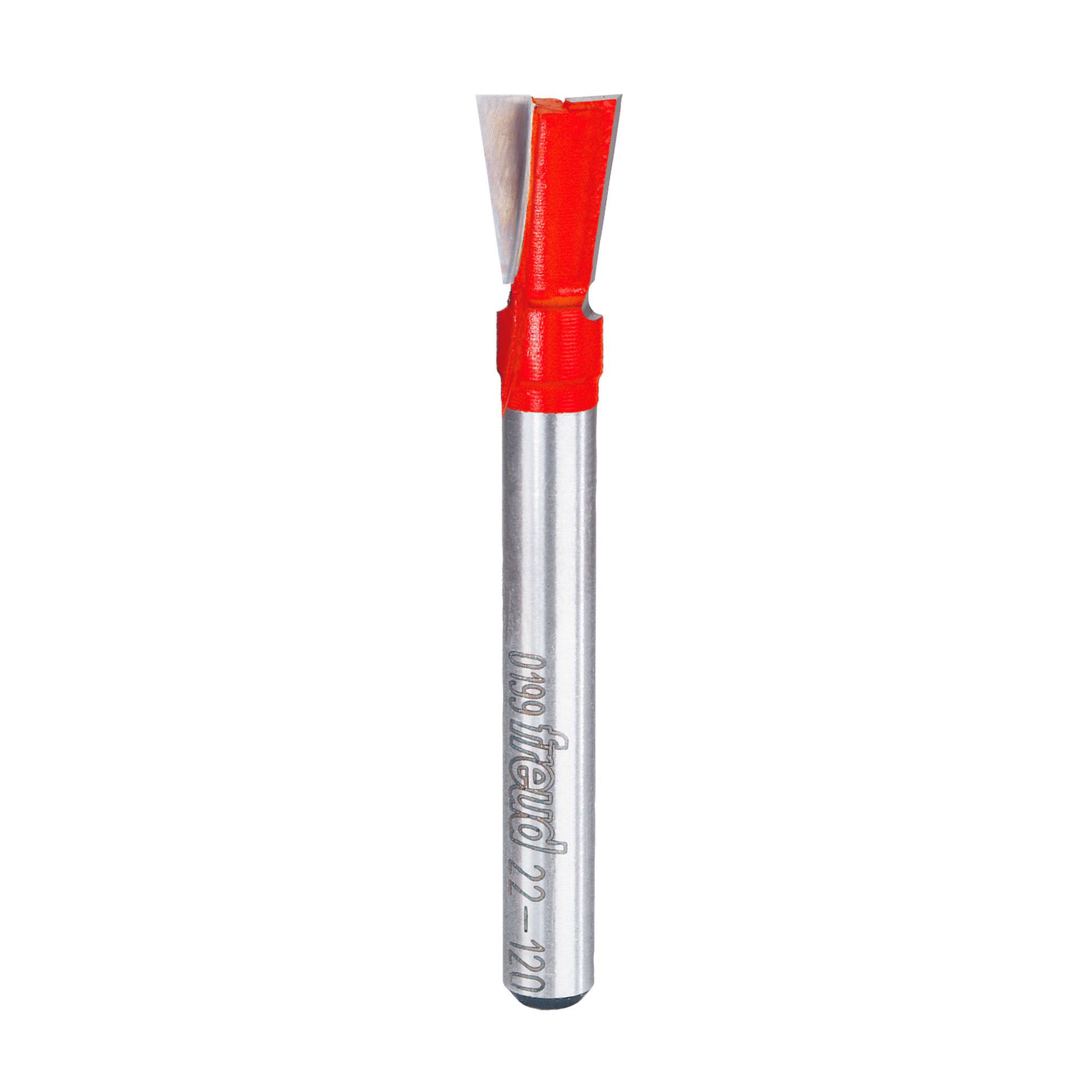 Freud dovetail router bit with red plastic coating, silver metal shaft, and angled cutting head.