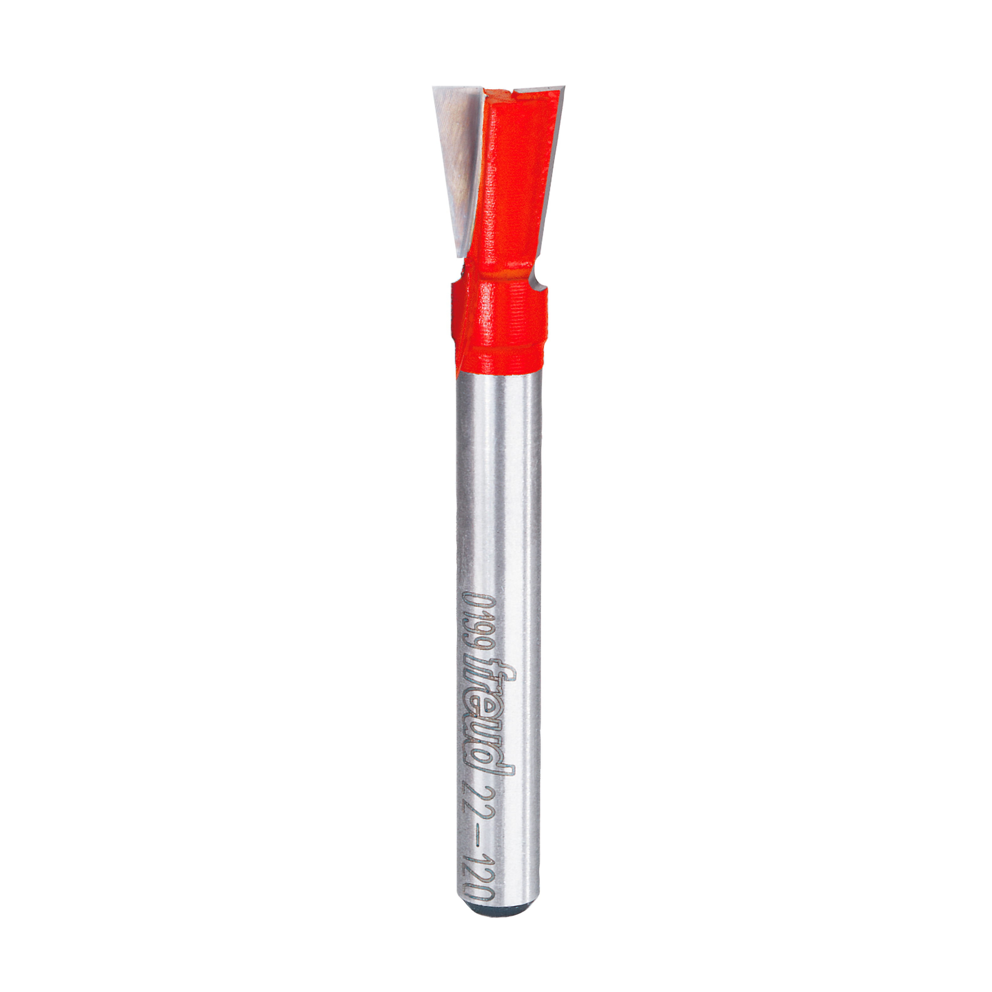 Freud dovetail router bit with red plastic coating, silver metal shaft, and angled cutting head.