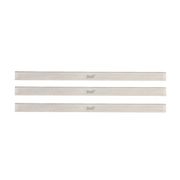 Three silver metal planer knives with "freud" branding stamped on each blade.