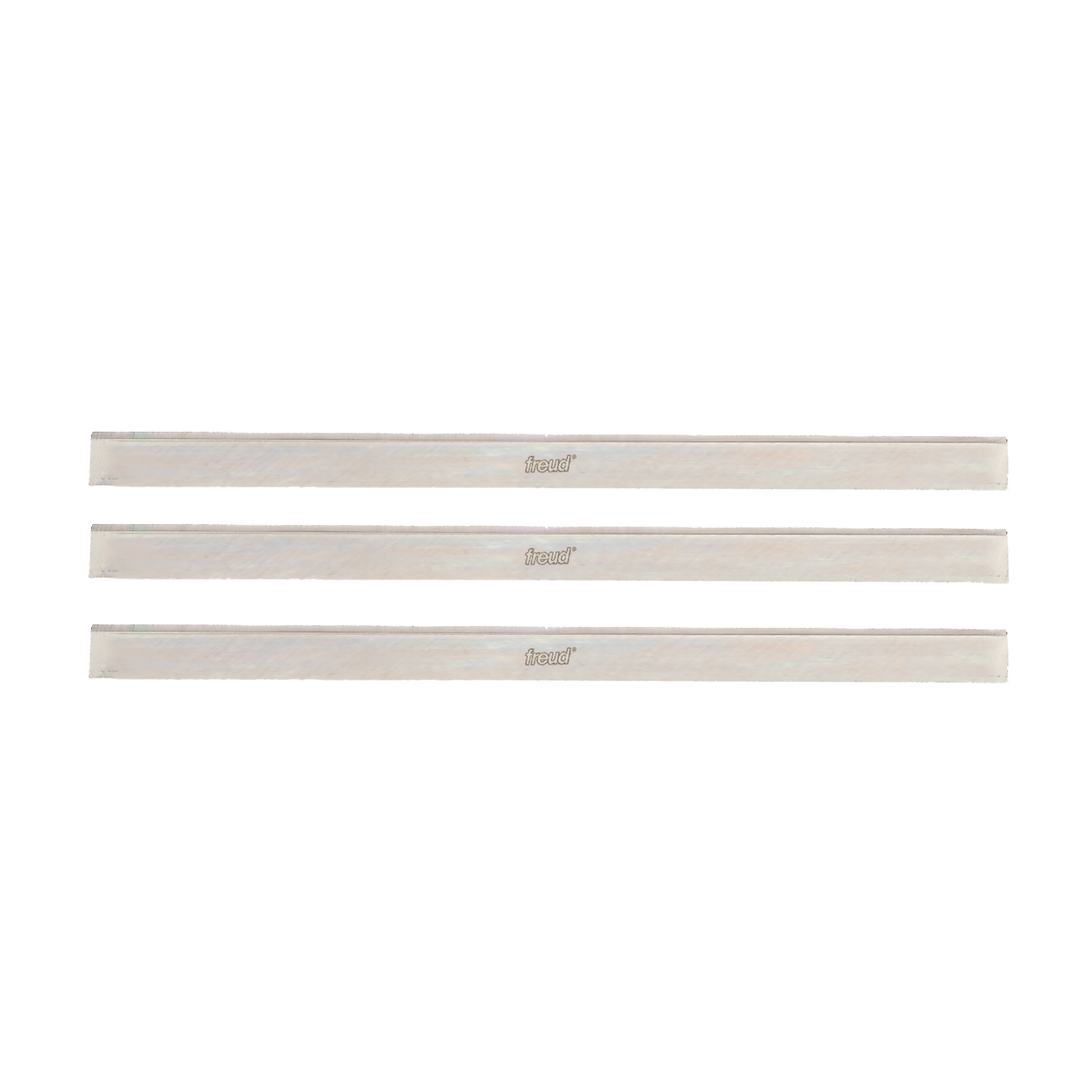 Three silver metal planer knives with "freud" branding stamped on each blade.