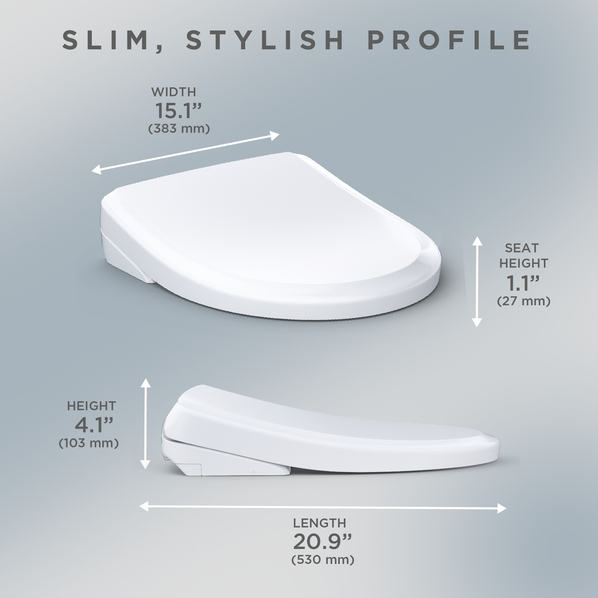 Cotton white elongated bidet toilet seat shown from top and side angles with dimension measurements.