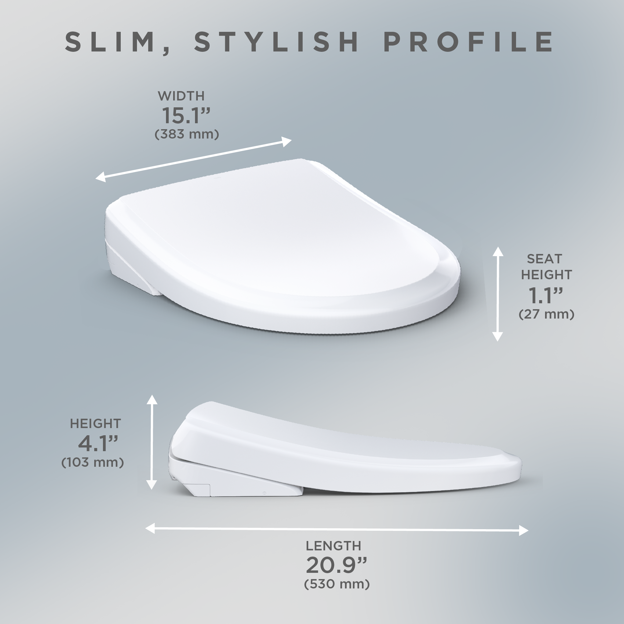 Cotton white elongated bidet toilet seat shown from top and side angles with dimension measurements.