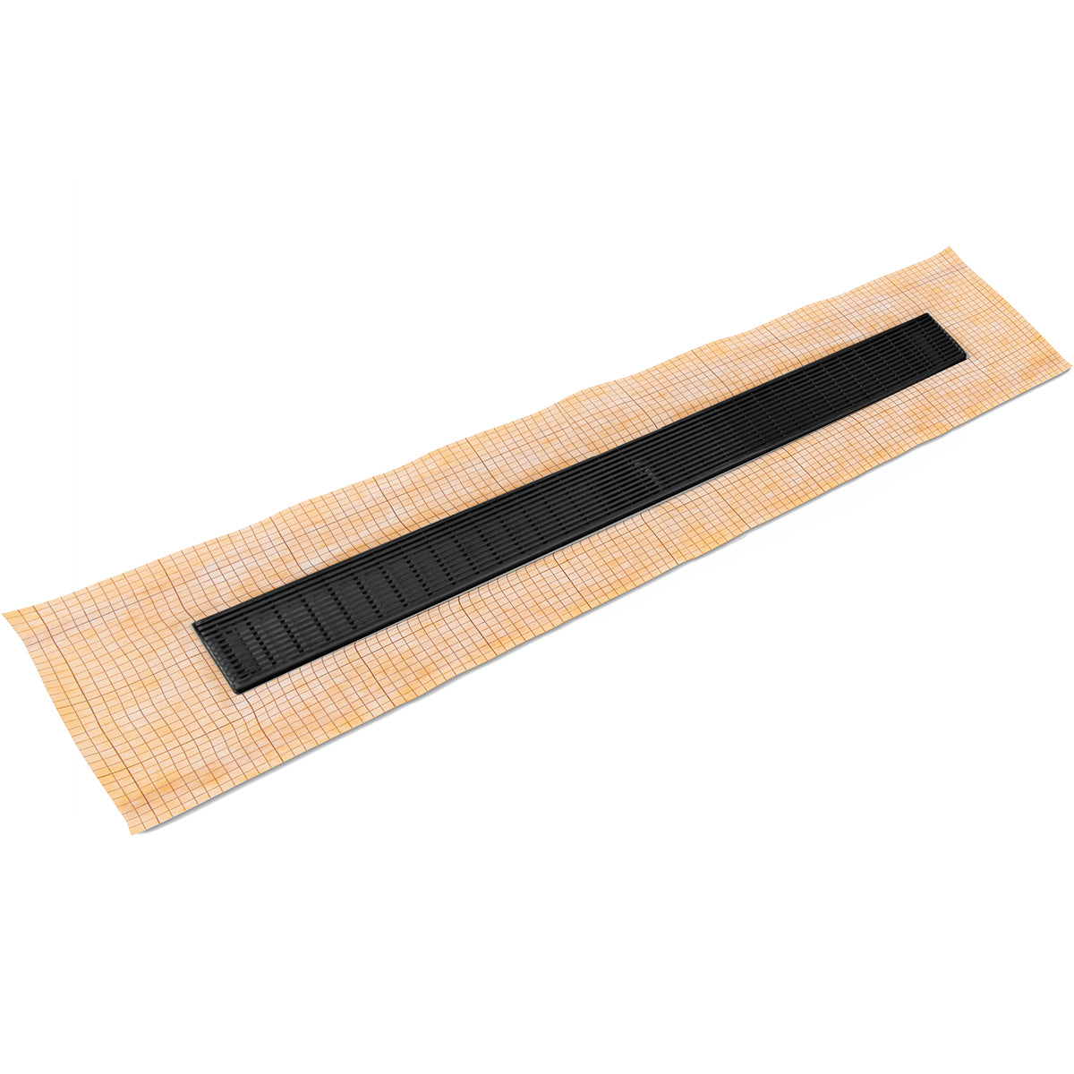Matte black linear drain with horizontal slats mounted on tan tile base mat.