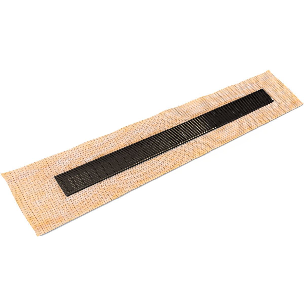 Oil rubbed bronze linear drain with slotted grate installed in tile base mat.