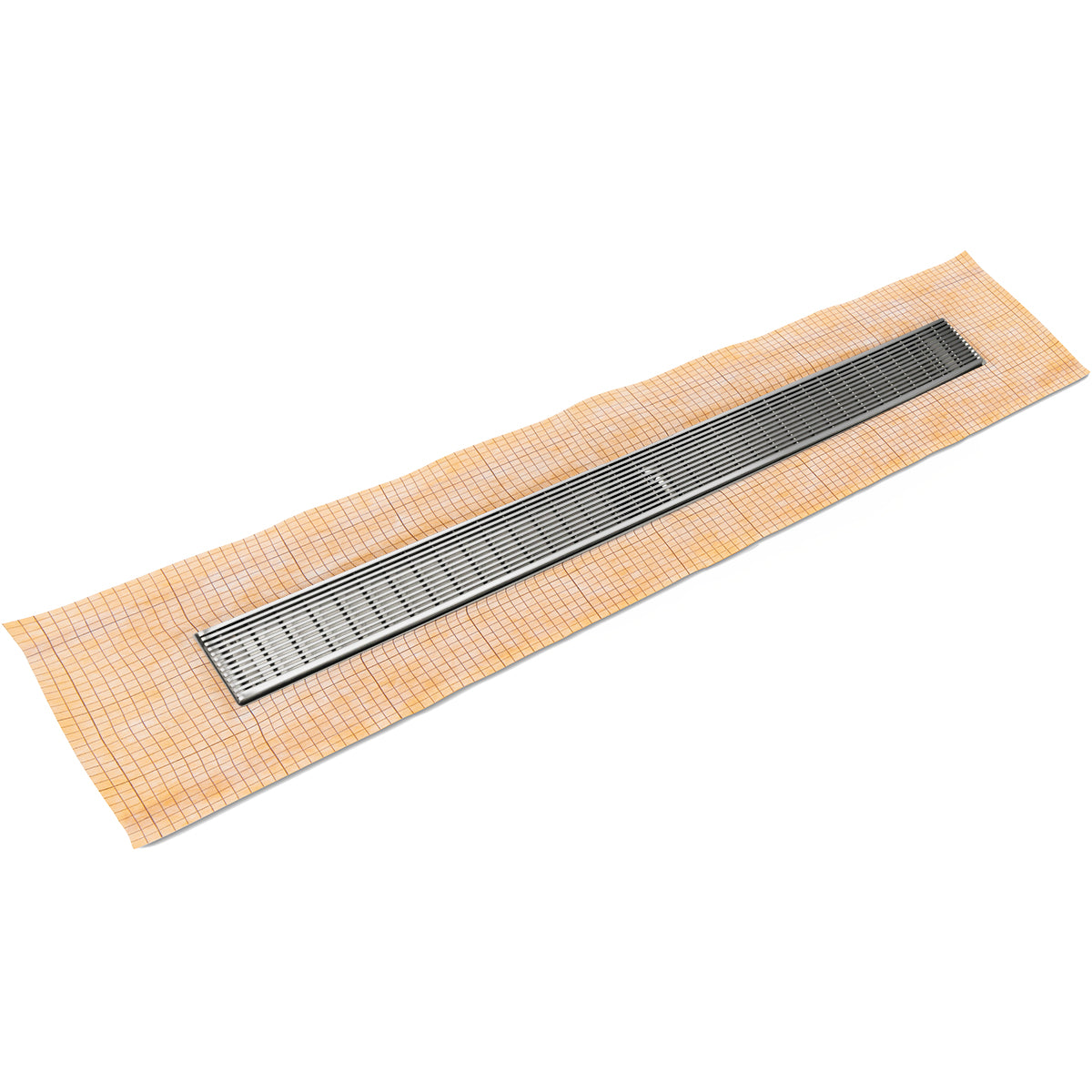 36-inch polished stainless steel linear drain with slotted grate installed on tan tile base.