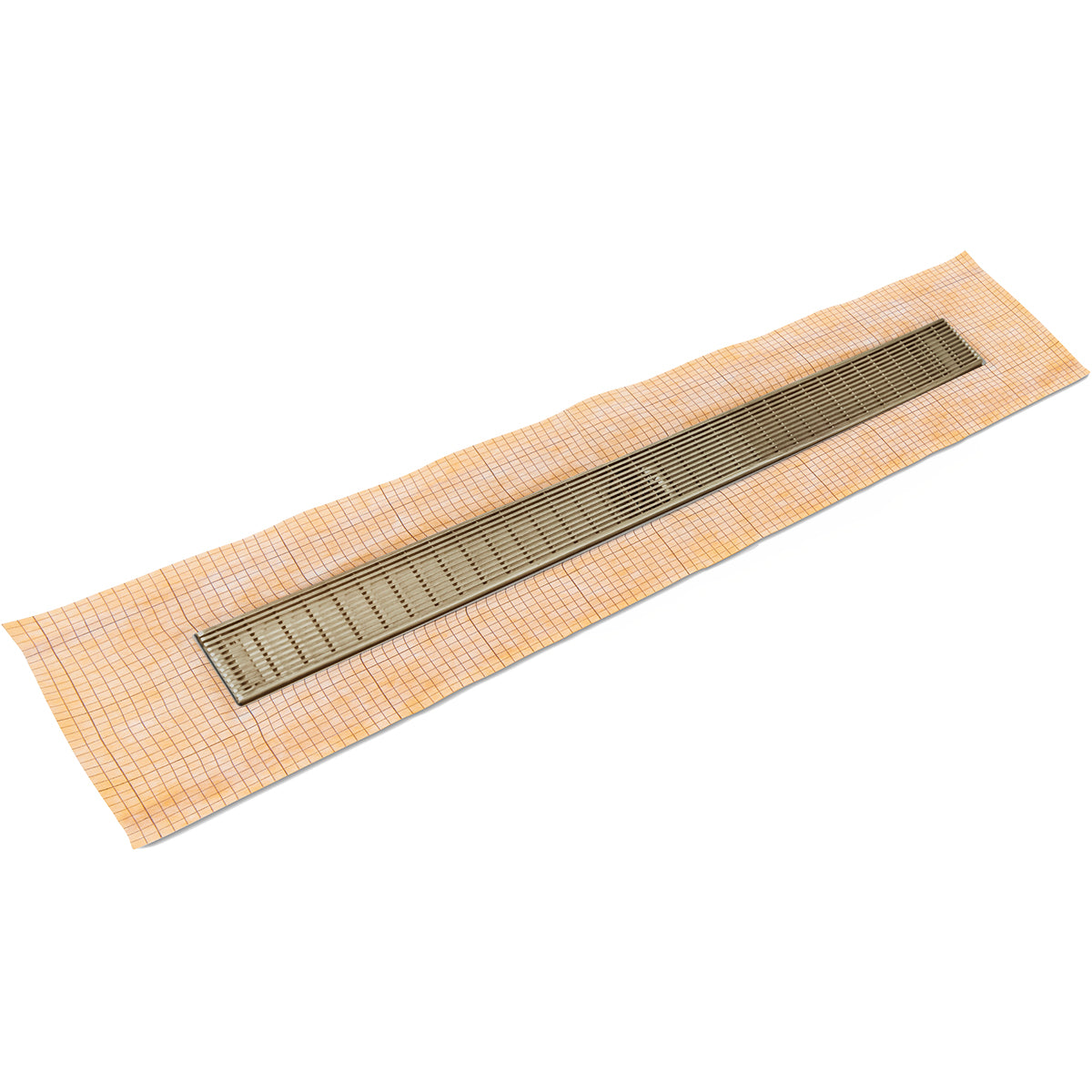 Satin bronze linear drain with slotted grate mounted on beige tile substrate.