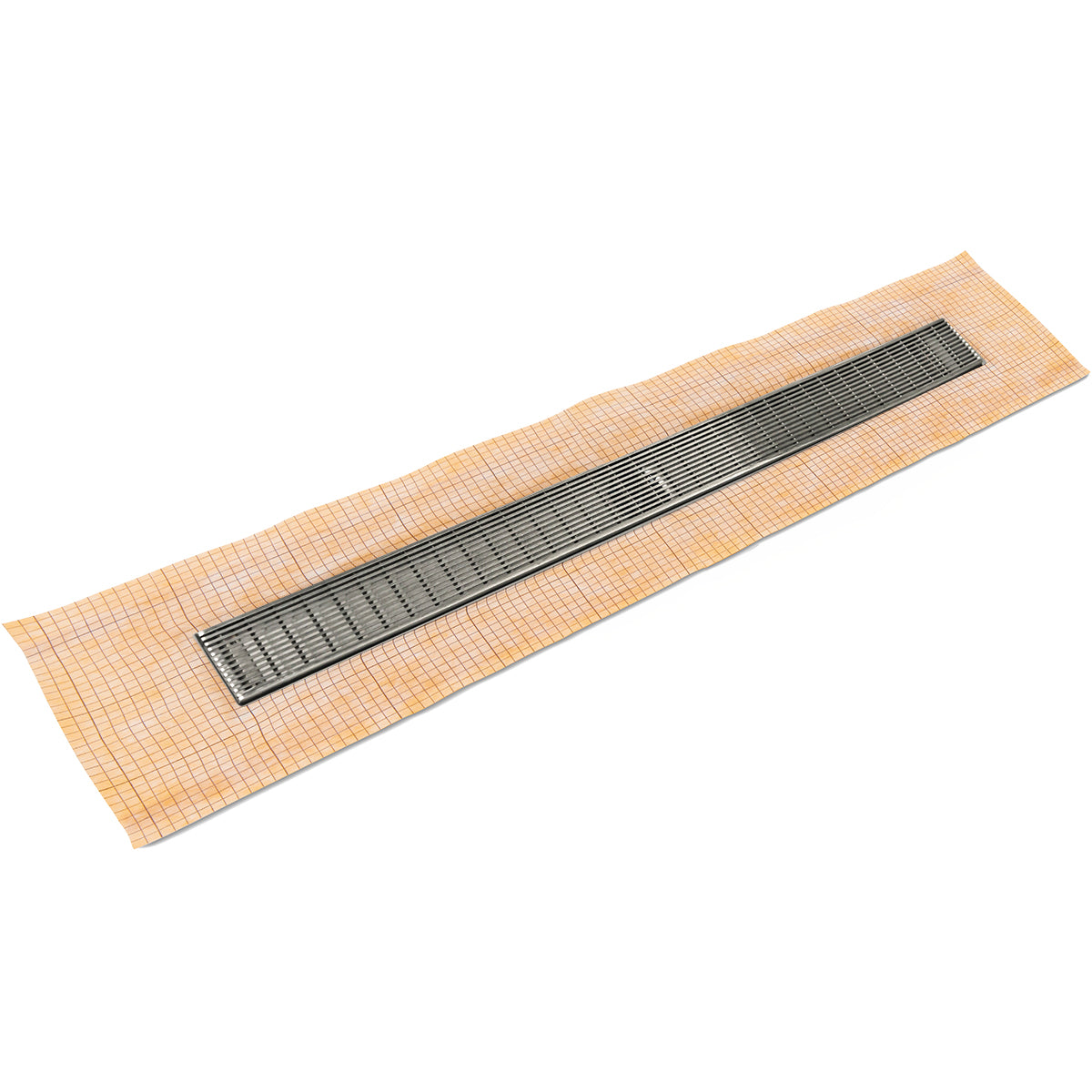 Satin stainless steel linear drain with horizontal slat grate mounted on tan tile substrate.