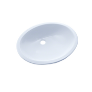 Oval white porcelain undermount bathroom sink with single faucet hole.
