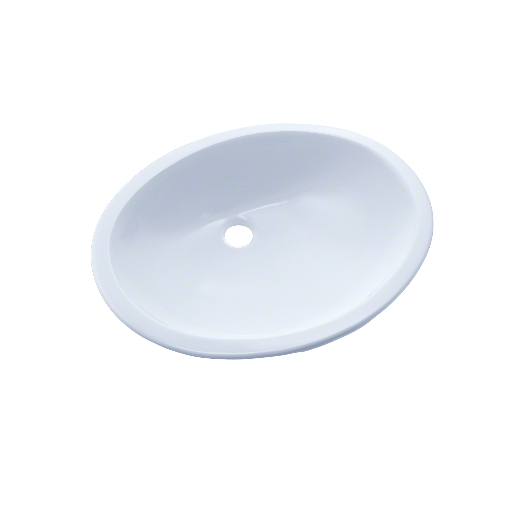 Oval white porcelain undermount bathroom sink with single faucet hole.