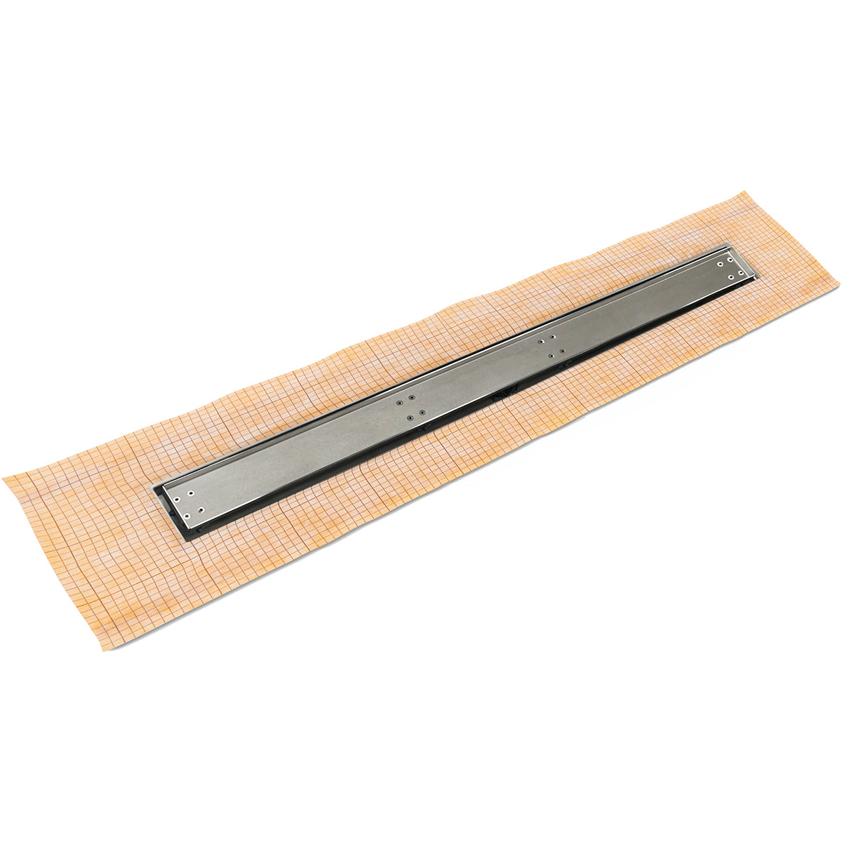Polished stainless steel linear drain with black frame installed in tan tile mesh backing.