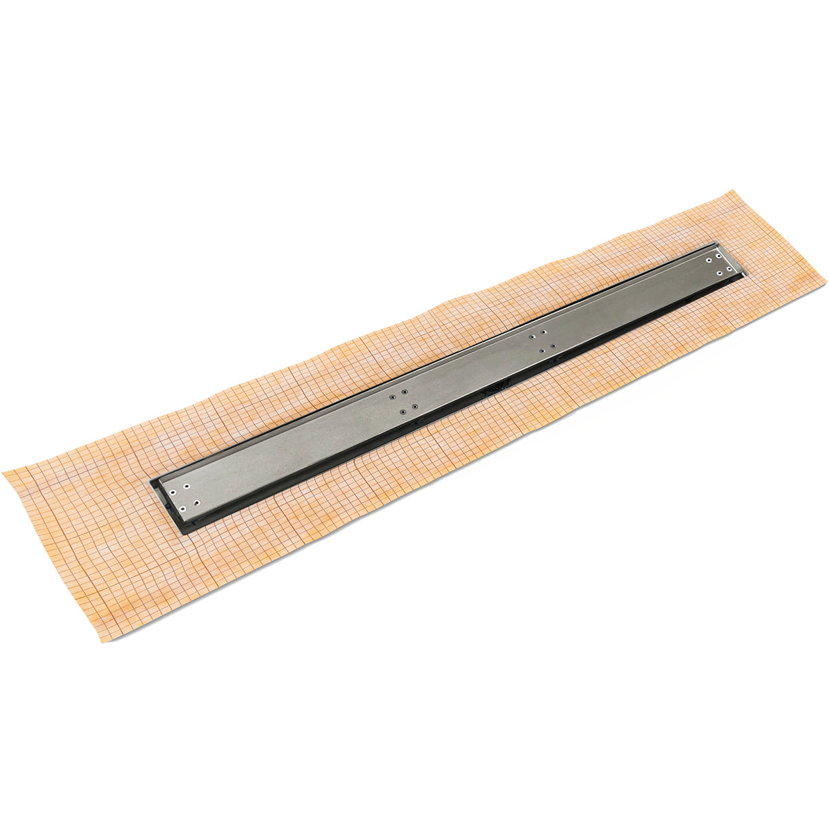 Satin stainless steel linear drain with black slot insert mounted on tan tile underlayment.