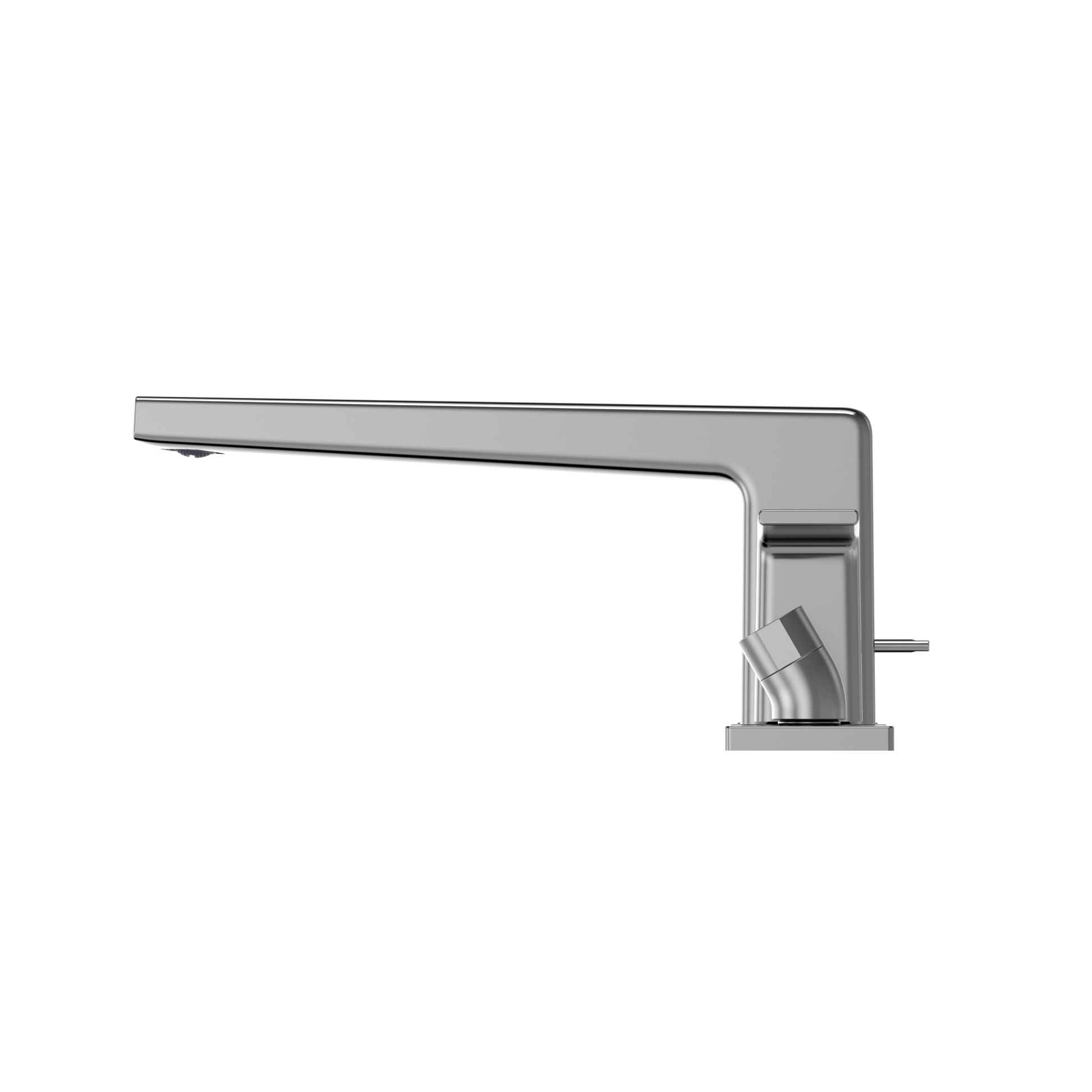 Polished chrome deck-mount roman tub filler with two handles and detachable handshower.