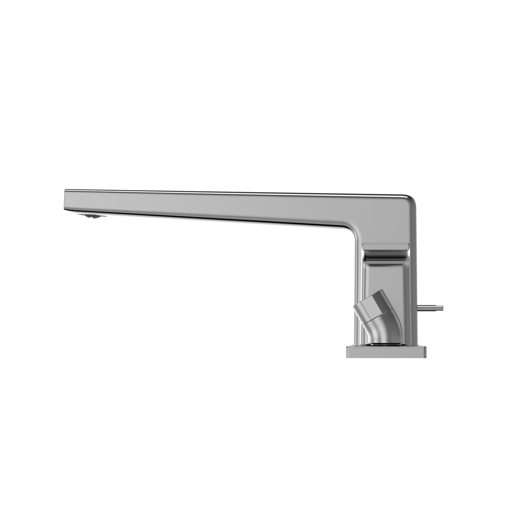 Polished chrome deck-mount roman tub filler with two handles and detachable handshower.