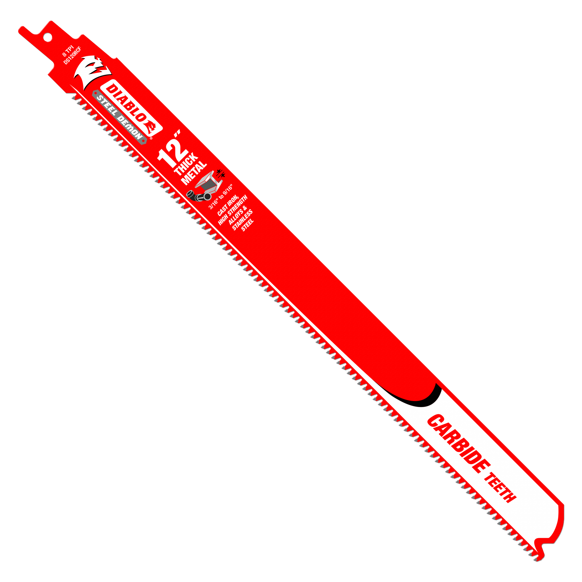 Red 12-inch reciprocating saw blade with carbide teeth and mounting tab at top.