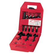 Red plastic Milwaukee case containing seven black spade drill bits of varying sizes arranged in molded compartments.