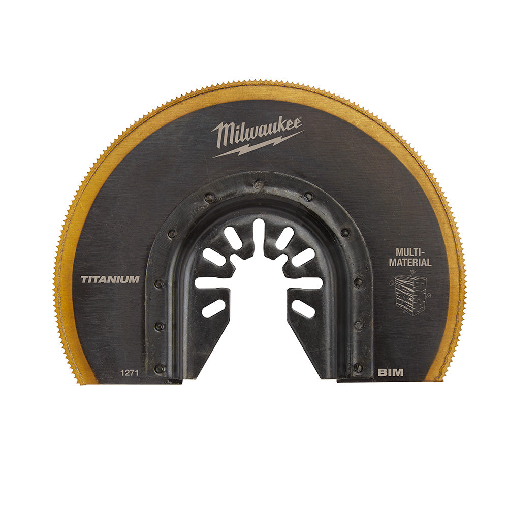 Milwaukee OPEN-LOK 3-1/2" titanium-enhanced bi-metal segmented oscillating saw blade with multi-material cutting design.