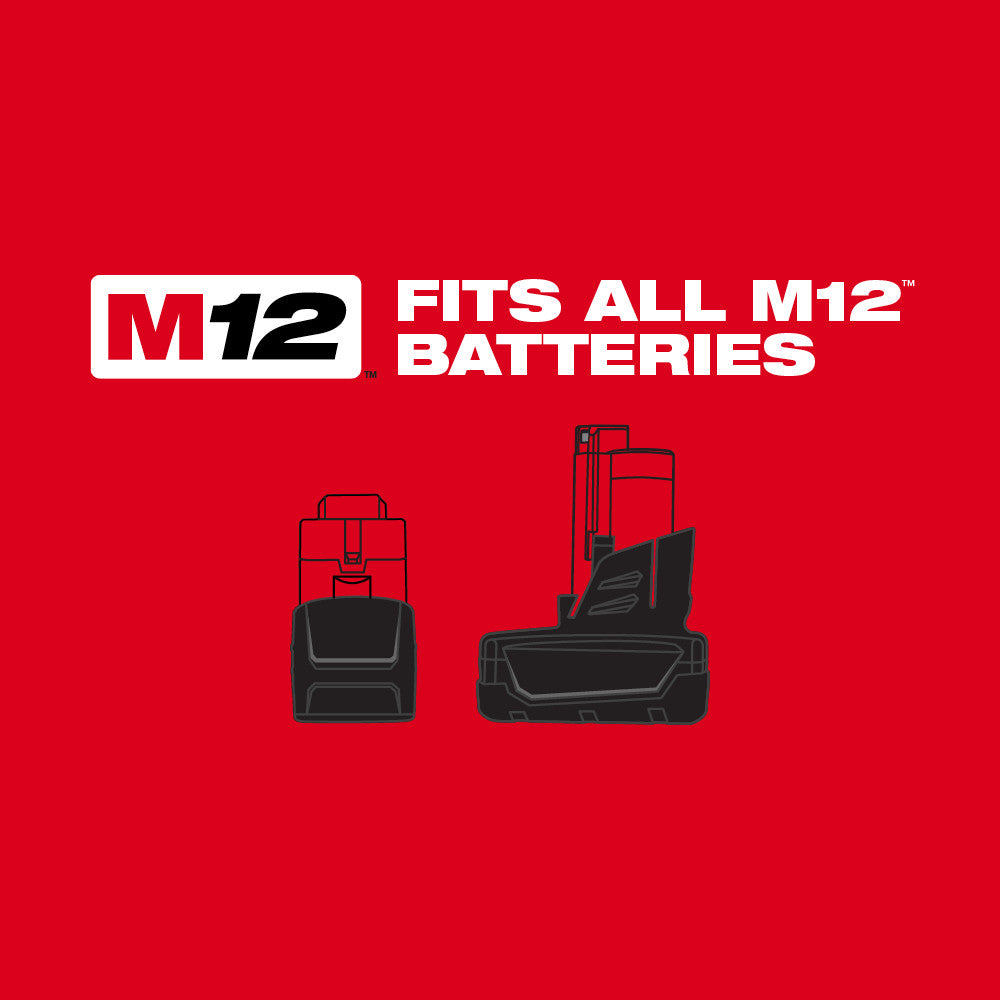 M12 logo and battery compatibility graphic with two red and black battery cases on red background.