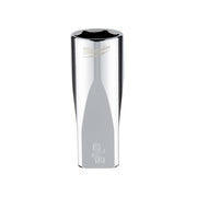 Milwaukee 1/4 inch drive 9/16 inch SAE 6-point deep socket with chrome finish and black rim.