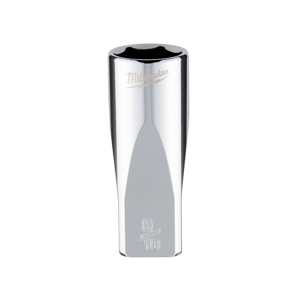 Milwaukee 1/4 inch drive 9/16 inch SAE 6-point deep socket with chrome finish and black rim.