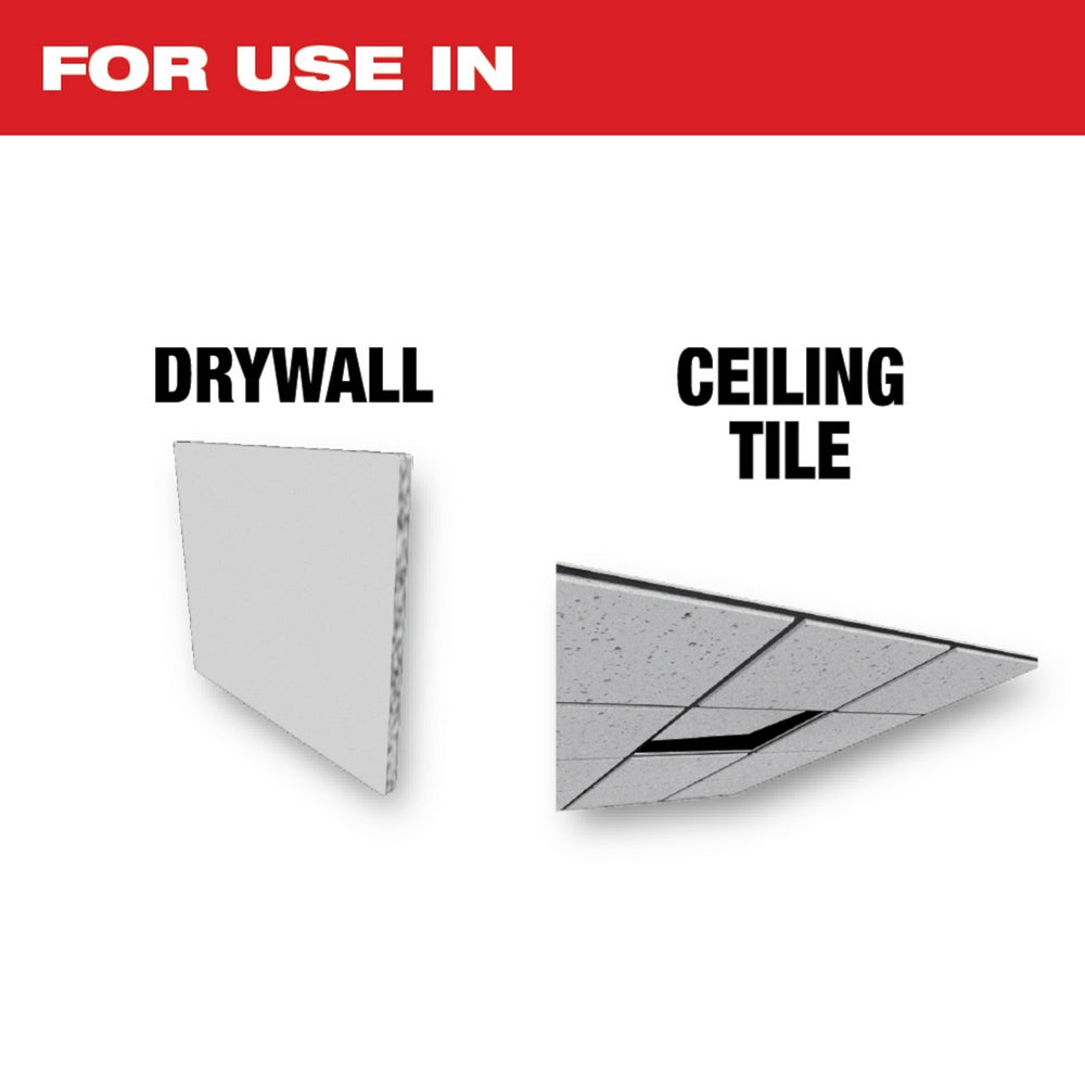 Milwaukee OPEN-LOK 5-in-1 drywall blade shown cutting through drywall and ceiling tile materials.