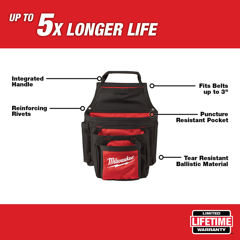 Black and red Milwaukee tool pouch with integrated handle, multiple pockets, and reinforcing rivets.